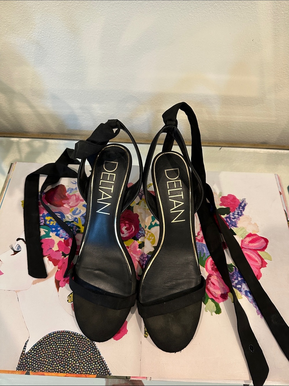 Deltan Black Open-Toe Wrap Ankle Heels